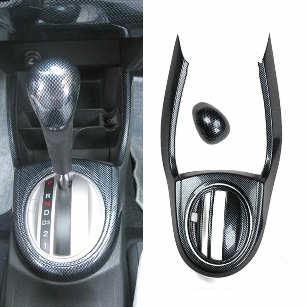 3PCS Carbon Fiber Car Gear Surround Trim & Shift Knob Cover For HONDA FIT 2008-2013