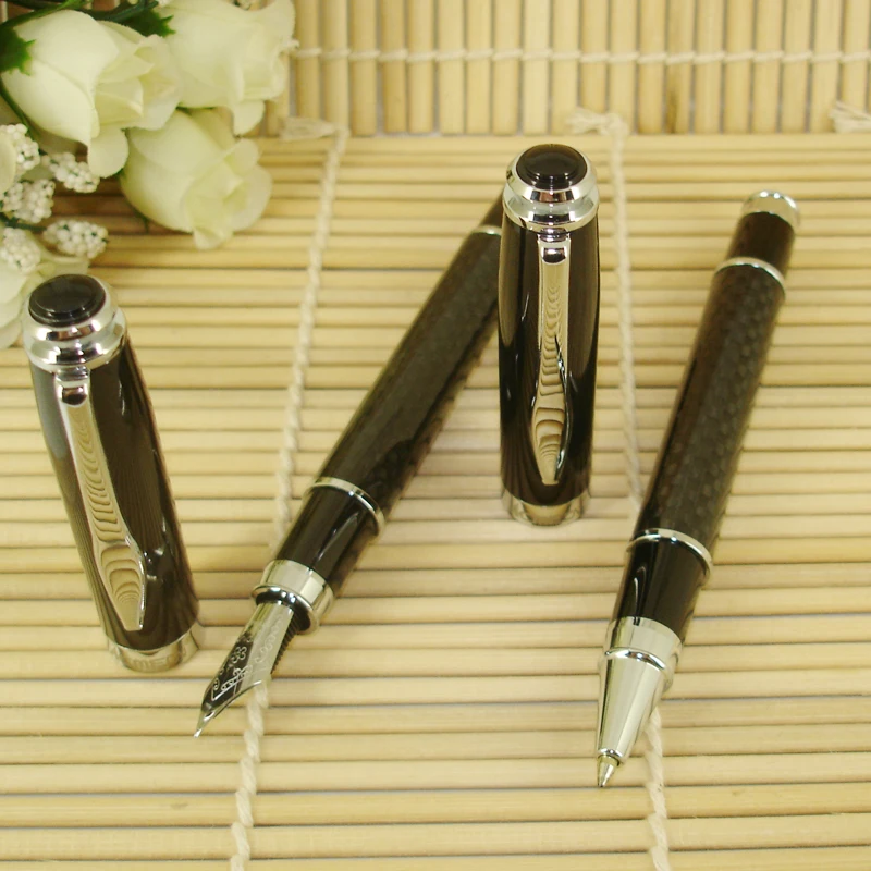 ACMECN 2pcs / lot Black Carbon Fiber Fountain Pen and Liquid ink Roller Pen Set Luxious Office Business Gifts Writing Instrument