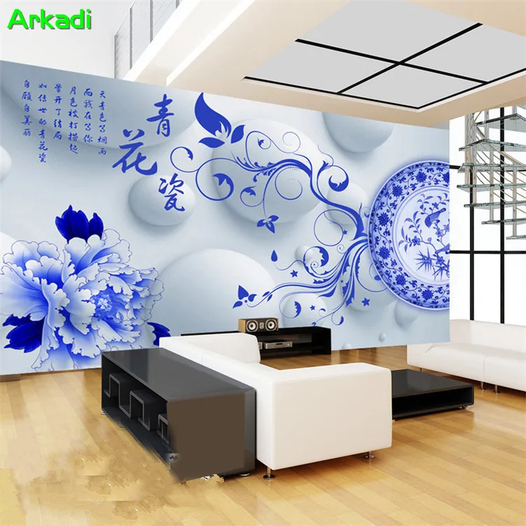 Modern minimalist living room TV background wall paper warm bedroom wallpaper Chinese characteristics blue and white porcelain