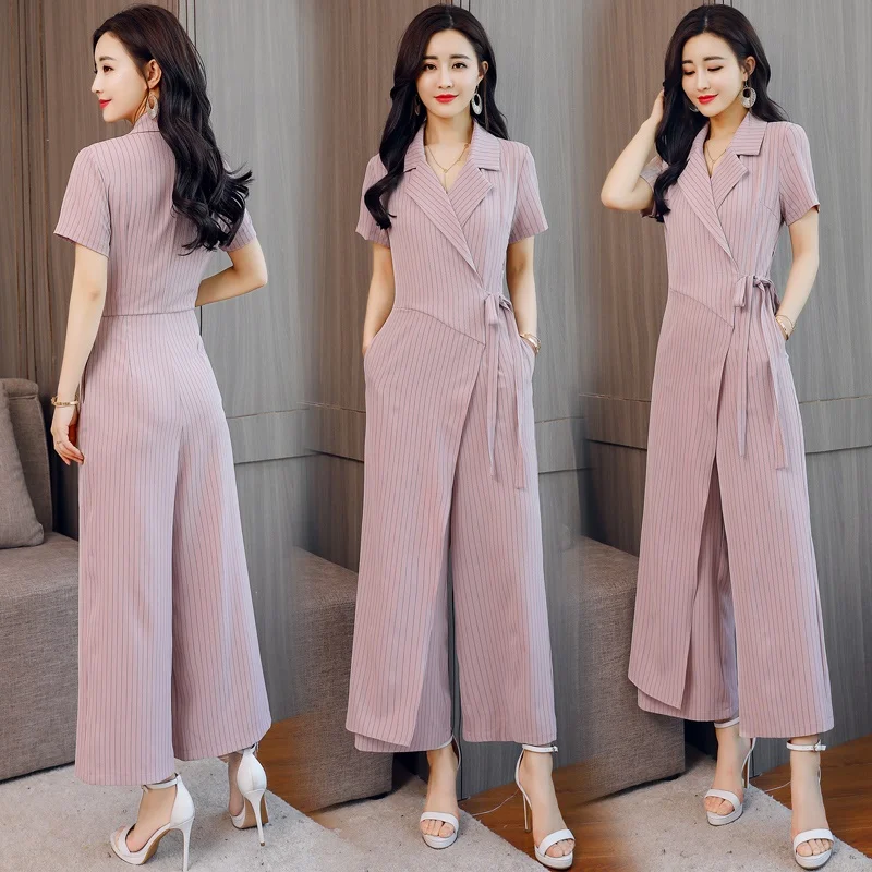 Mùa Hè Sọc Jumpsuit 2019 Nữ Tay Ngắn Quần Ống Rộng Lape Văn Phòng Kinh Doanh Nữ Thanh Lịch Liền Quần Cho Nữ 2019 DD2071