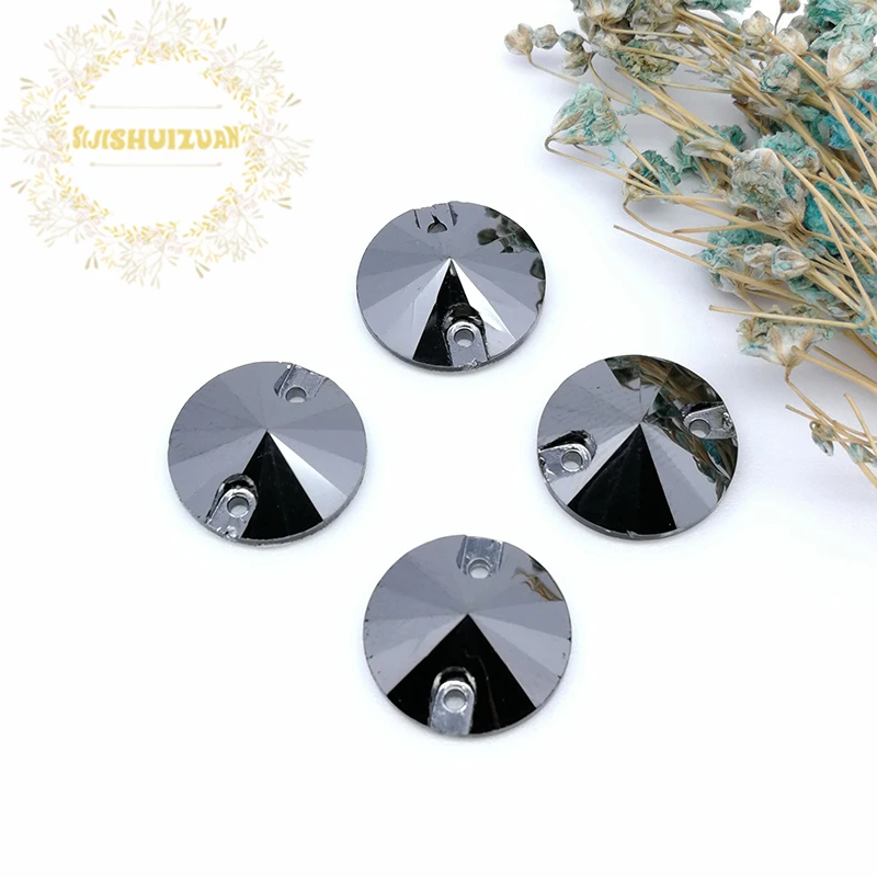 High-grade Metal silver black ROUND Glass Crystal sew on rhinestones with TWO holes Diy wedding dress accessories