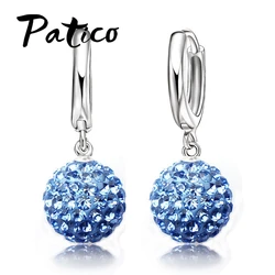 Hot Sale Multi Colors 1 Pair Real Pure 925 Sterling Silver Austrian Pave Disco Ball Hoop Lever Back Earring Woman Jewelry