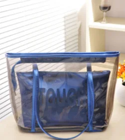 New Hot Fashion Waterproof Half Transparent Hand Bag PVC Summer Beach Bag and Polyester with Small Storage Bag