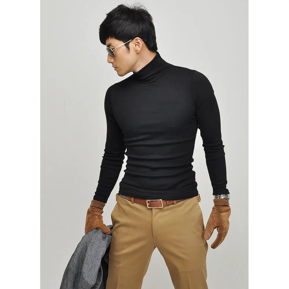 Autumn Winter Black White Men\'s Long-sleeve T-shirt Turtleneck High-elastic Lycra Cotton T shirt Solid Color S-XXXL st-803