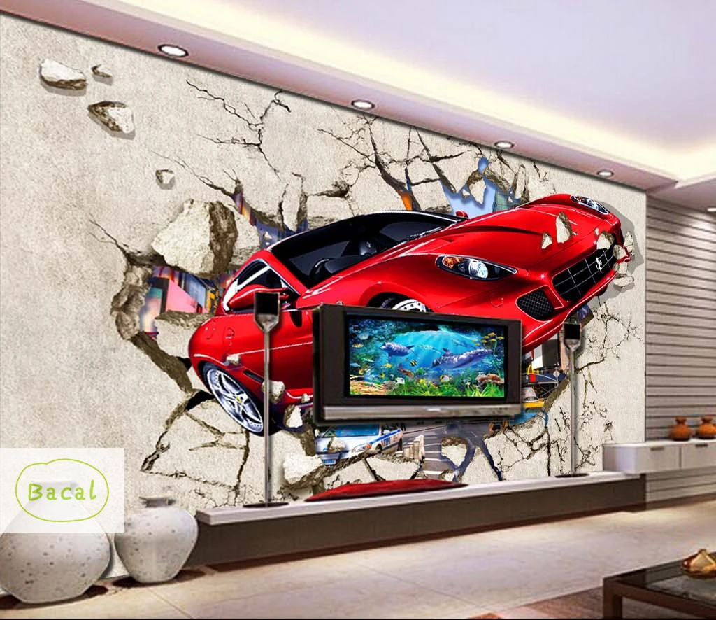 

Настенные 3D-обои Bacal на заказ, красные автомобили, сломанные стены, Мультяшные 3D обои для детской спальни, украшение для дома