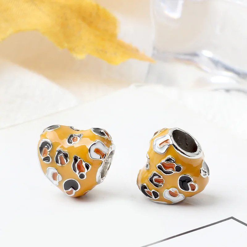 Original Silver Plated Bead Spotted Heart Charm Enamel Fits  Bracelet Necklace DIY Women Jewelry Making 2019