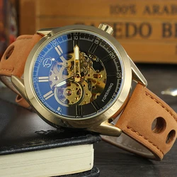 Forsining Top Brand Men's Exposed Mechanical Watch Vintage Skeleton Clock Male Antique Steampunk Casual Automatic Leather Watch