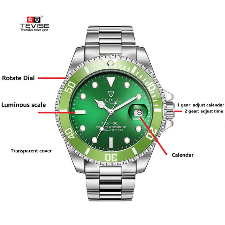 TEVISE Green Watch Men Automatic Mechanical Anti-Scratch Rotatable Outer Ring Waterproof Luminous Mens Watches Top Brand Luxury