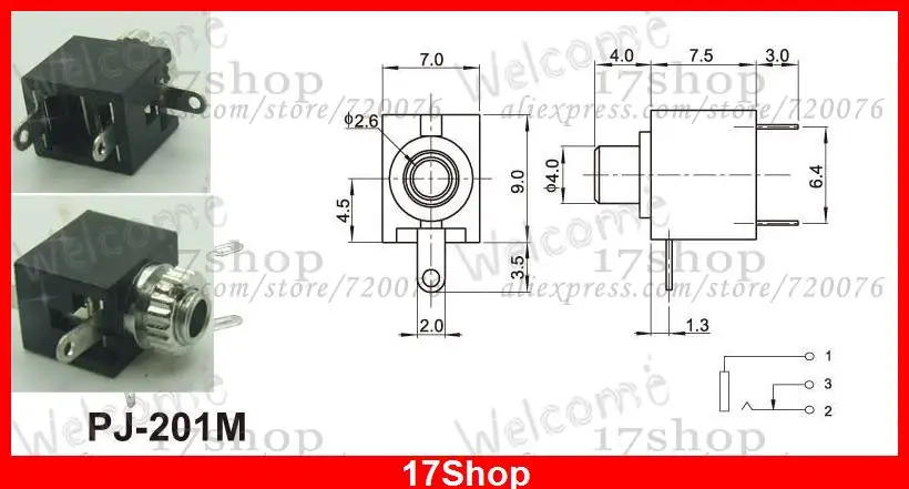 

200 шт. PJ-201M 3-контактный 2,5 мм моно разъем панель пайки для наушников 2,5 мм