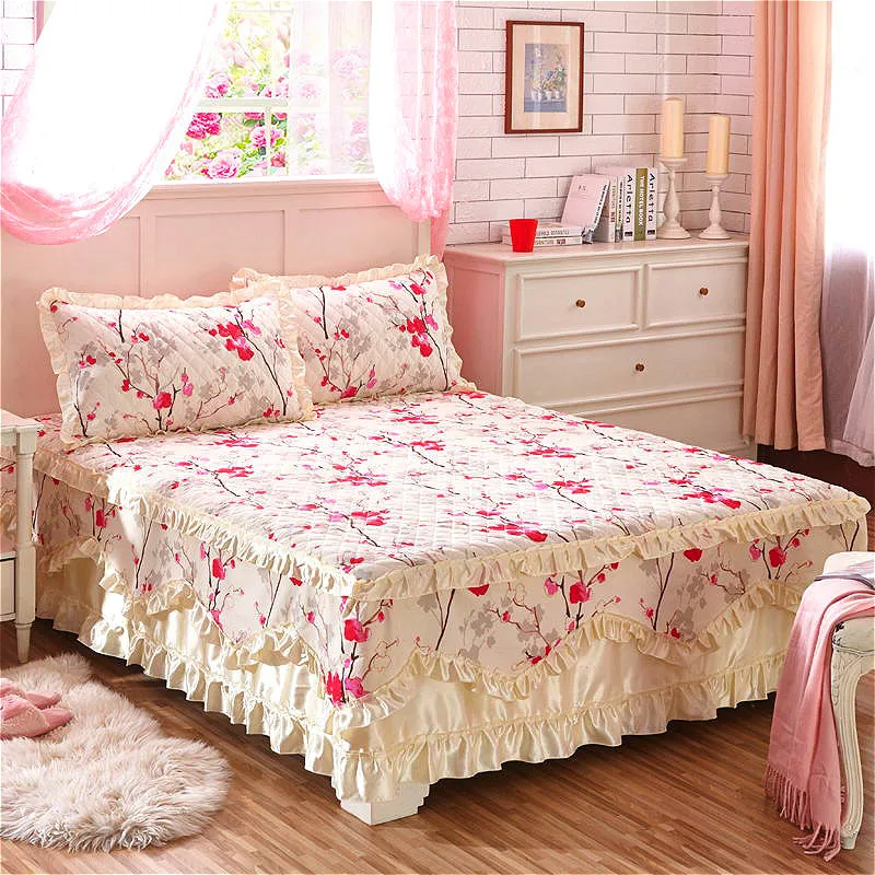 High Quality 150x200cm Floral Bedskirt  Cover Dual Layers Bedspread Single Full Queen Bedcover cubrecama Home Textile