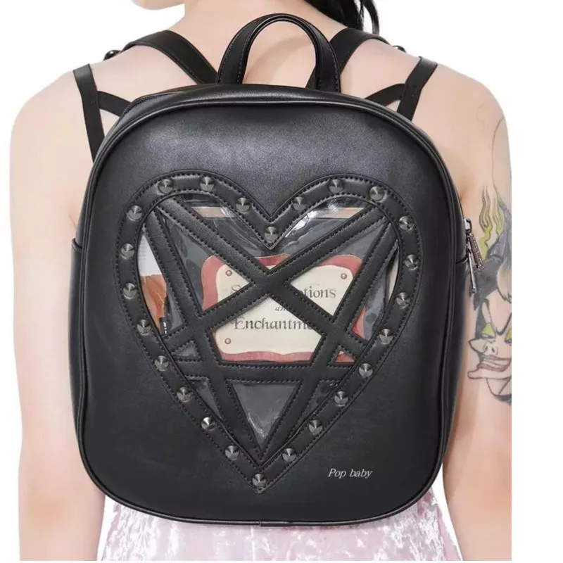 JIEROTYX Women Heart Shaped Backpack Gothic Pu Leather Rivet Punk Pentagram Medium Good Quality Black Casual Rock Bag On Sale