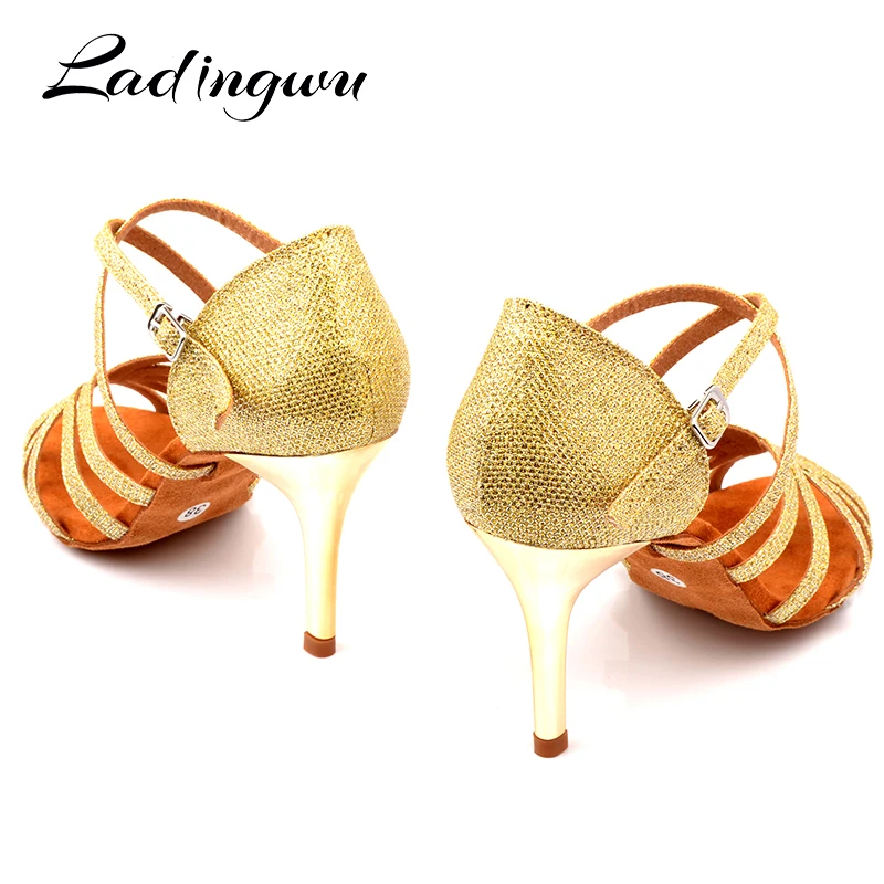 Ladingwu Women Ballroom Dance Shoes Golden Glitter Profession Latin Dance Shoes Latex Soft Bottom Salsa Shoes Dance Sandals