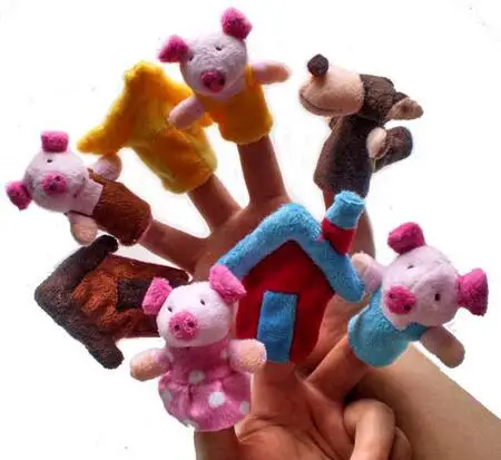 8 Pcs=1 SET The Three Little Pigs Finger Puppet Children Educational Fairy Tale Toy Plush Puppet YH364