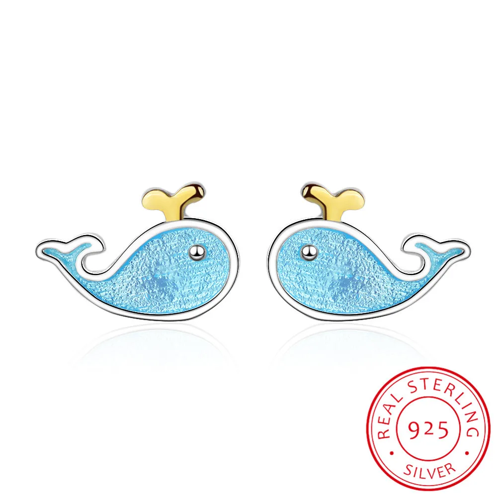 Cute Little Blue Whale Earrings 925 Sterling Silver Marine Animal Earrings For Women Girl Gift Boucle D'oreille S-e646