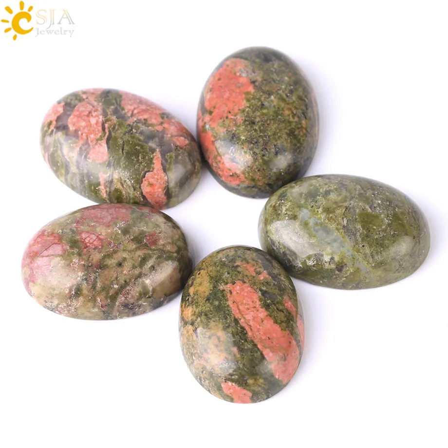 CSJA Natural Green Unakite Cabochon Beads Semi-Precious Stone Loose Bead No Drilling Hole Dome Jewelry Accessories Fit Ring F522