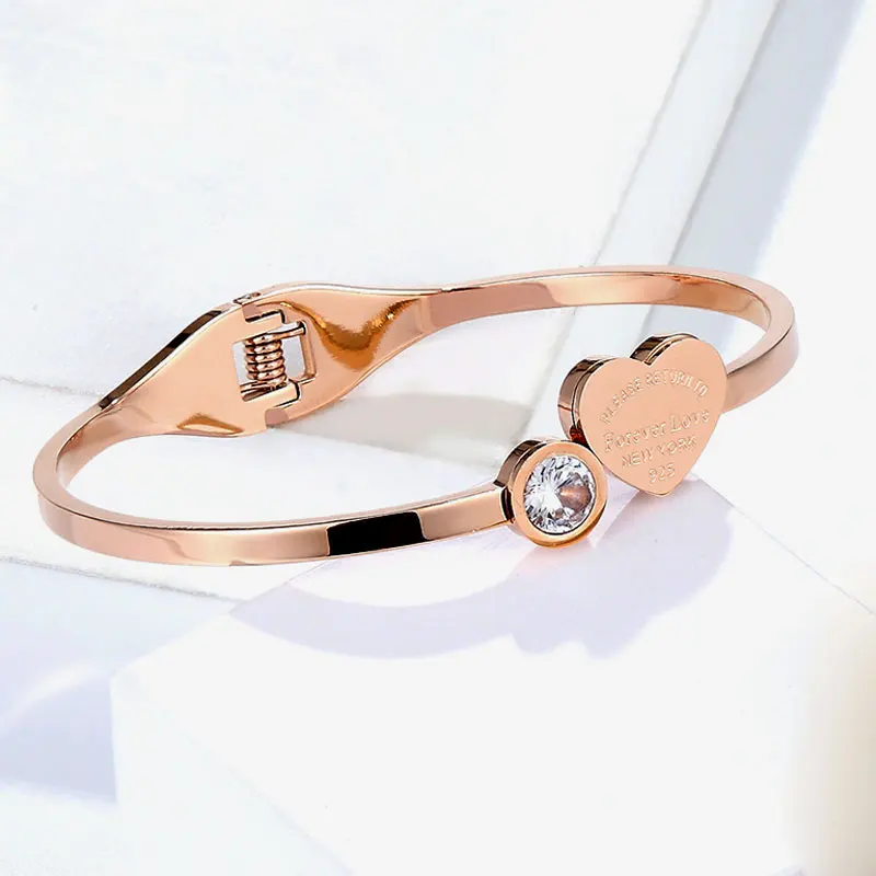 Open Spring Bangle Crystal And Engraving Forever Love Heart Brand Bangle For Women High Quality Titanium Steel Jewelry For Gift