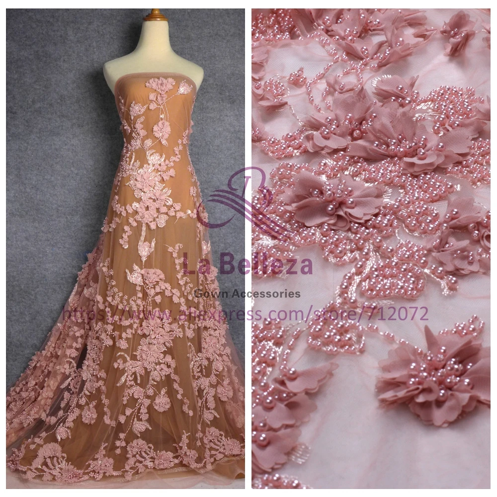 

La Belleza 1 yard FASHION STYLE Super heavy pearls pink and other 3 colours wedding/evening dress lace fabric 51'' width