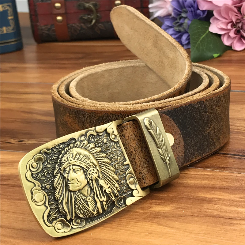 

Brass Chief Cowboy Belt Buckle Men Leather Belt Jeans Belts Men Leather Metal Waist Belt Leather Strap Man Cinturon MBT0070