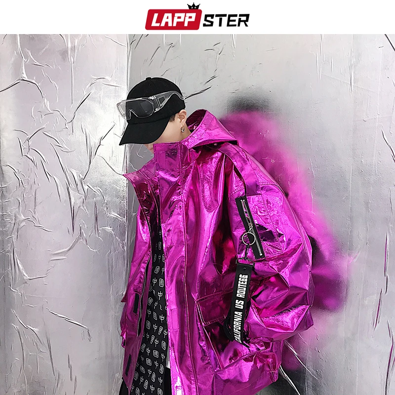 LAPPSTER Men Streetwear Reflective Bomber Jacket 2023 Mens Hip Hop PU Jacket Windbreaker Fashion INS Varsity Jacket Coats