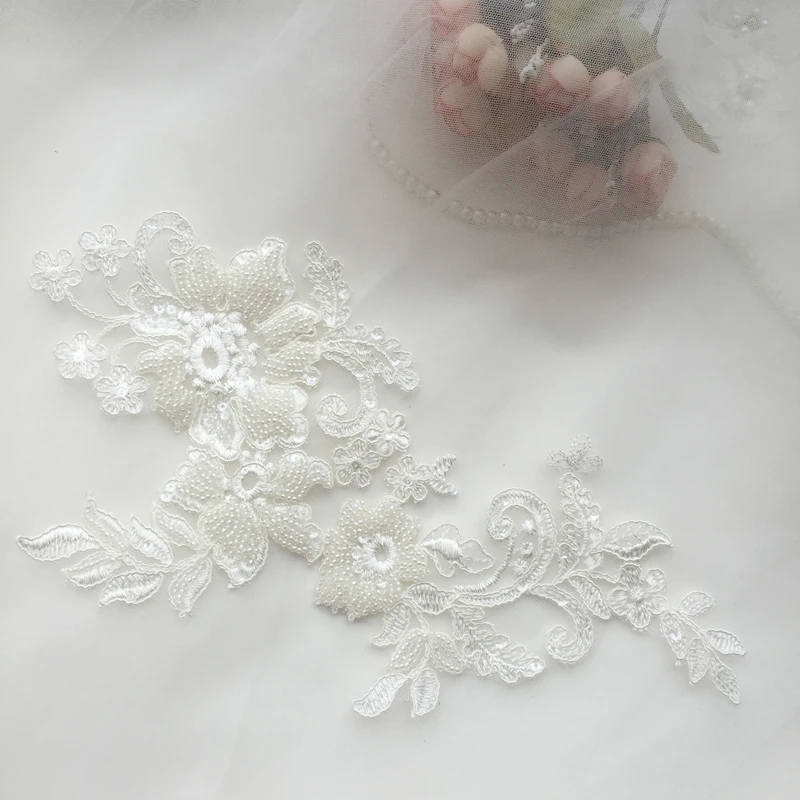 30*15.5CM Luxury beaded car bone lace flower wedding dress applique veil headdress accessories