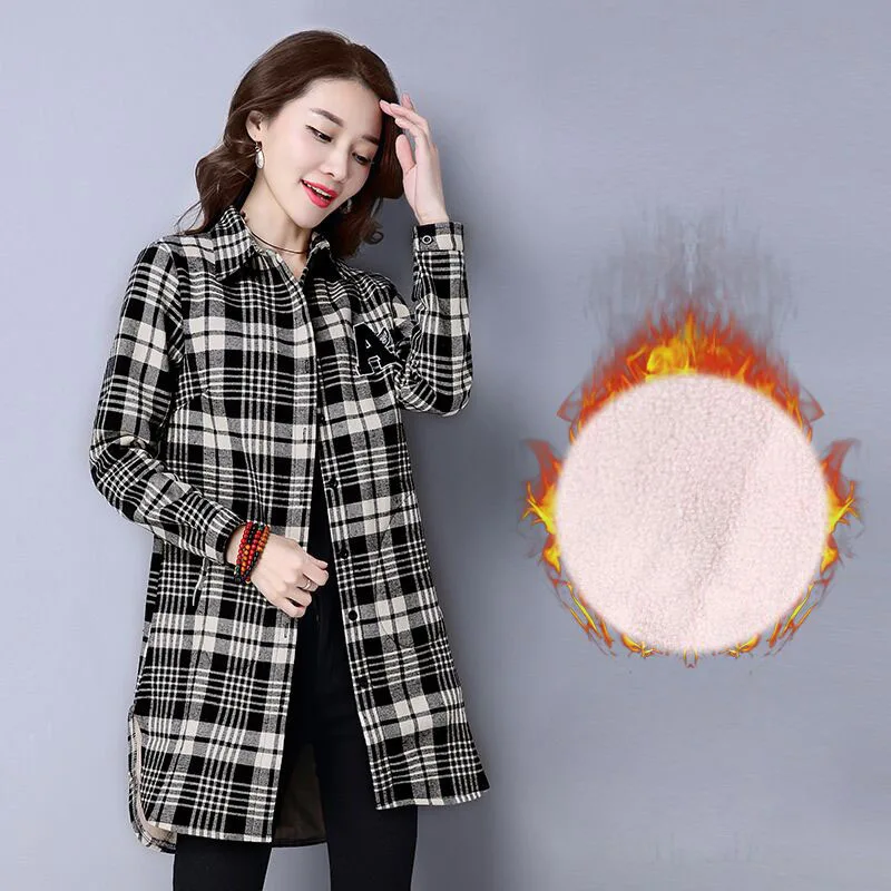 Winter Shirts Warm Tops Women Long Sleeve Velvet Thick Shirt Long Outerwear Female Turn-down Collar Plaid Thicken Blouse Top