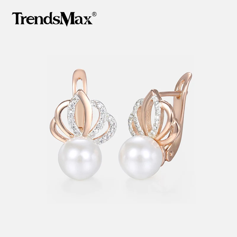 Crown Shaped Pearl Earrings For Women Girls 585 Rose Gold Color Earrings Clear Cubic Zircon CZ Jewelry Valentines Gifts KGE150