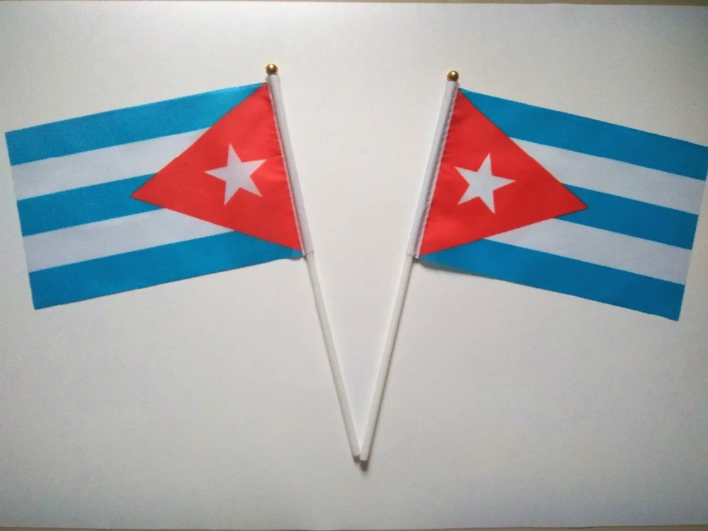 Wholesale Hand wave banners Cuba fan small National flags polyester materials with pole 14*21 cm