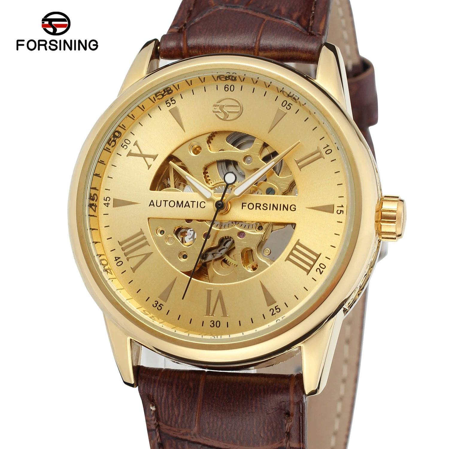 

2019 Forsining Top Brand Brown Lather Relogio Masculinos Golden Dial Skeleton Mens Watches Luxury Automatic Men Mechanical Watch