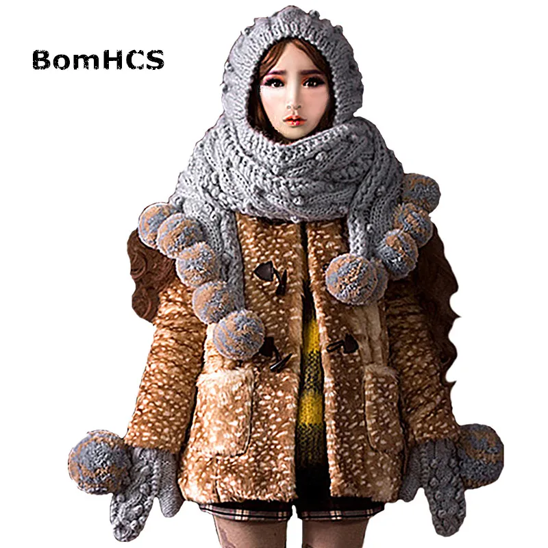 BomHCS Super Big Grey Scarf Hat & Gloves (2PCS SUIT) Cute Women Winter Warm Beanie 100% Handmade Knit Caps Mittens Gift