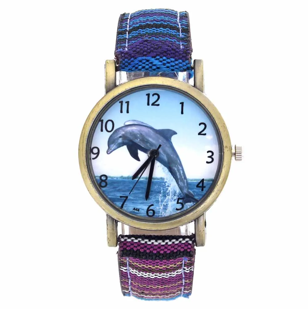 Dolphin Pattern Ocean Aquarium Fish Fashion Casual Men Women Canvas Cloth Strap Sport Analog Quartz Watch