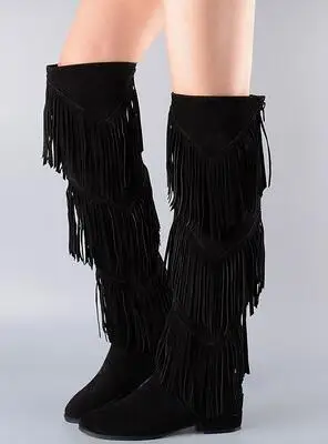 2017 New Arrival Autumn Winter Boots Women Black Dark Gray Knee High Boots Three Layers Fringe Boots Fashion Flat Heels Shoes