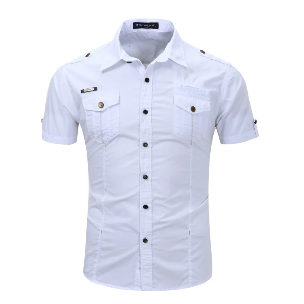 2022 New Arrive Mens Cargo Shirt Men Casual Shirt Solid Short Sleeve Shirts Multi Pocket Work Shirt Plus Size 100% Cotton