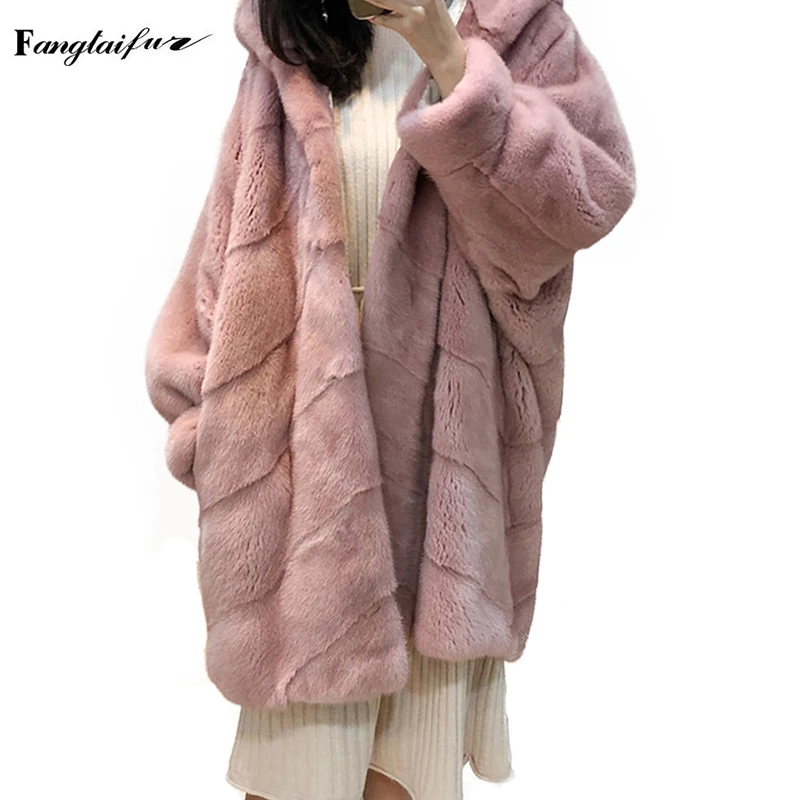 

Ftangaiur Winter Women Jacket Import Mink Fur Coat With Fur Hood Slim Solid Mink Coats Striped Long Real Mink Fur Coats