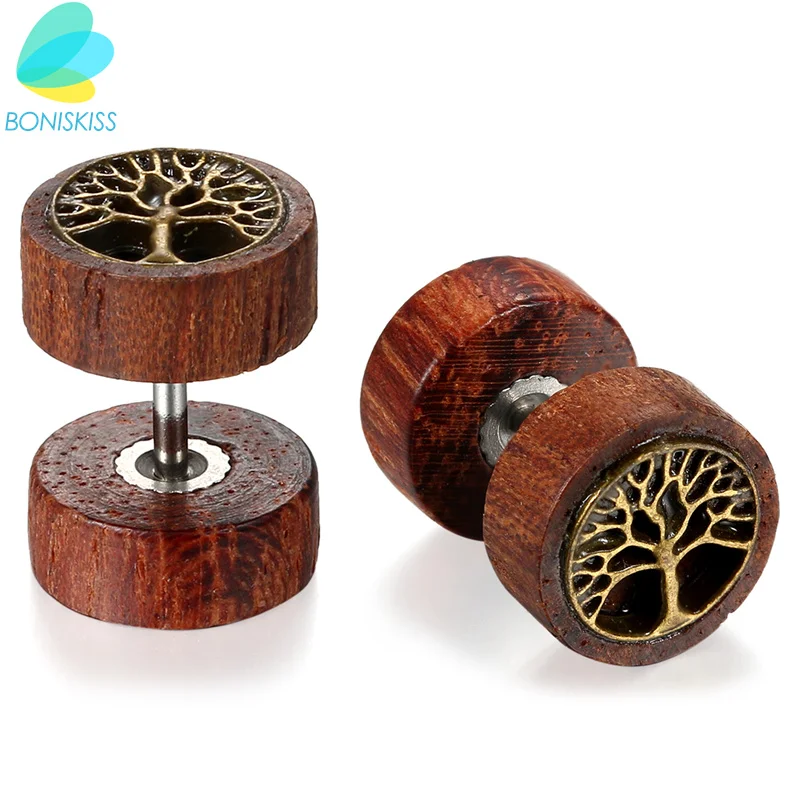 BONISKISS Women Wooden Stud Earrings boucle d\'oreille femme 2020 Double Sided Round Life Tree  Men Punk Gothic Barbell Earrings