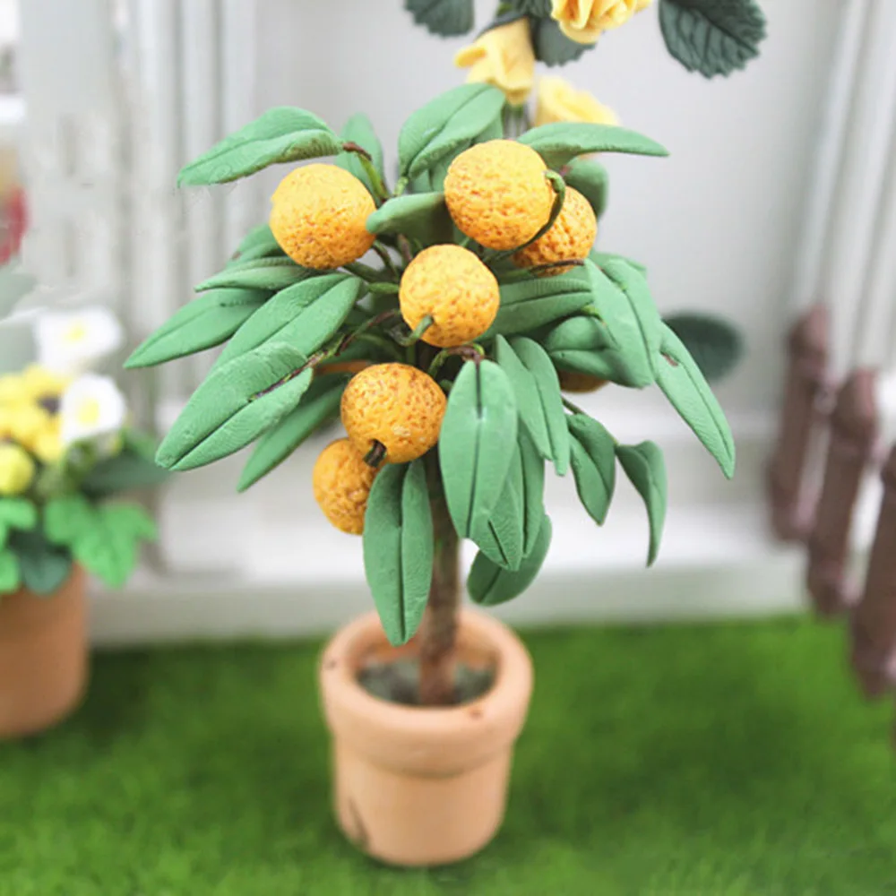 1/12 Dollhouse Miniature Accessories Mini Potted Plant Tangerine Simulation Orange Flower Model Toys for Doll House Decoration