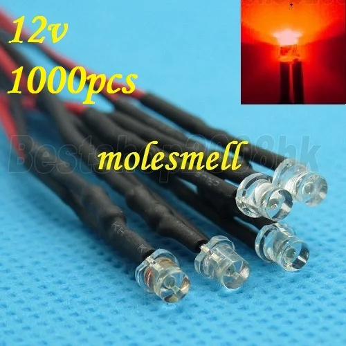 Free shipping 1000pcs 3mm 12v Flat Top Red LED Lamp Light Set Pre-Wired 3mm 12V DC Wired 3mm big/wide angle red 12v led