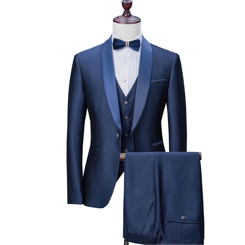 Mens Suits 2025 Wedding Suits For Men Shawl Collar 3 Pieces Slim Fit Blue Suit Mens Tuxedo Jacket For Wedding(Blazer+Pants+Vest)