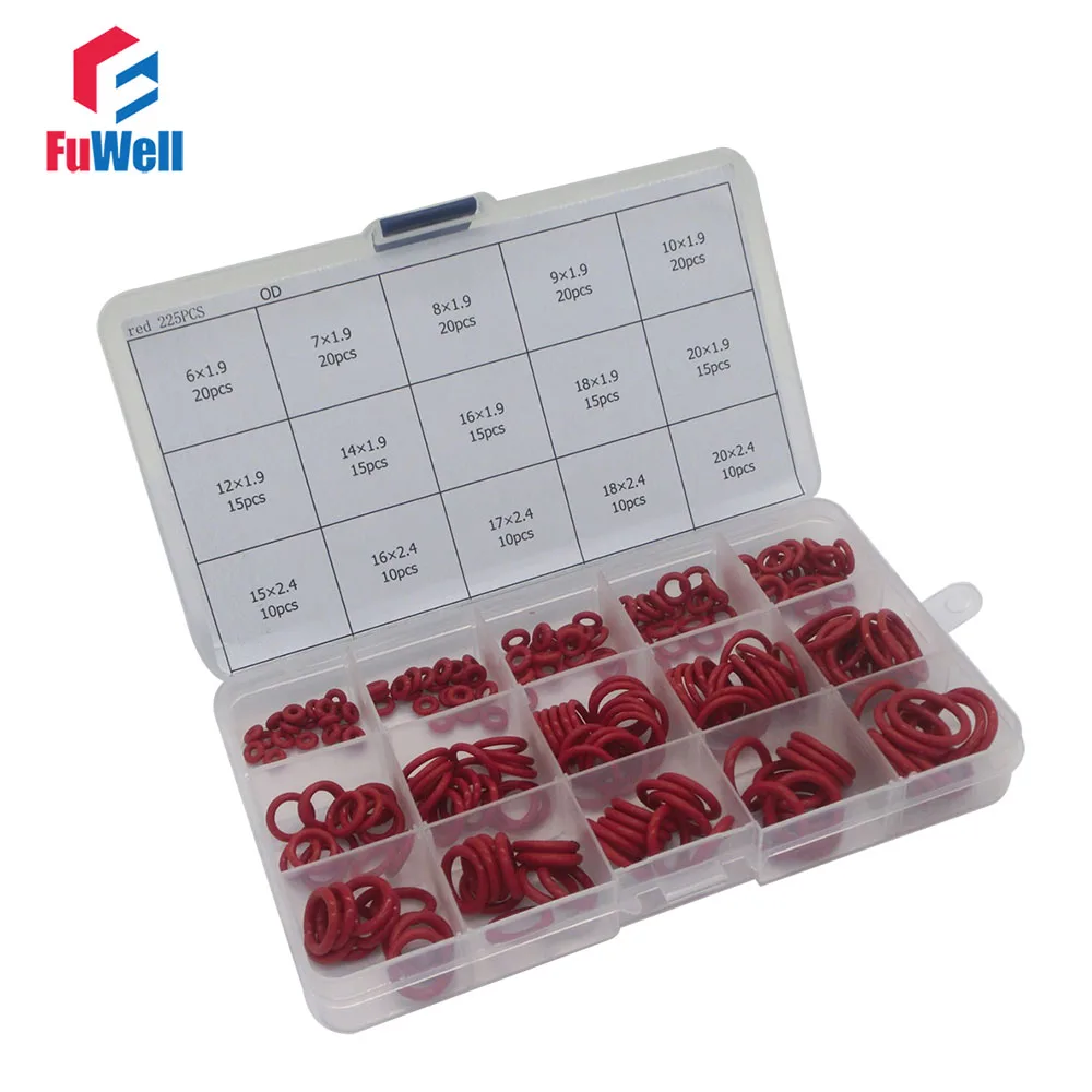 

225pcs Red Silicon O Ring Seal Kit 15 Different Sizes O-ring Washer Gasket Assortment With Case