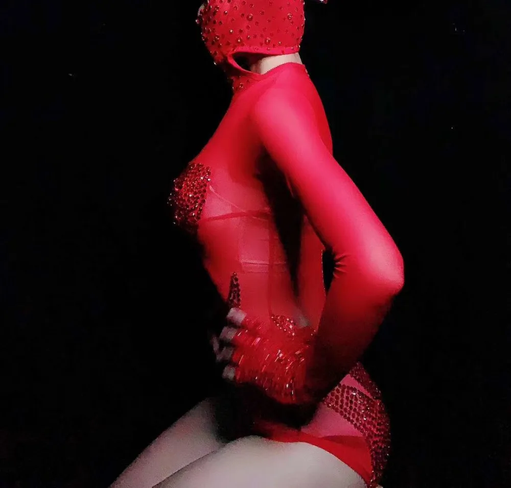 Body feminino vermelho brilhante com strass, roupa para performance de dança, para festa em palco e comemoração