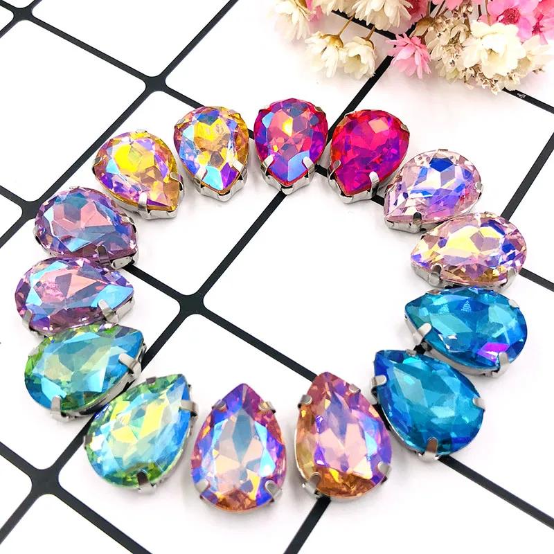 New arrival Teardrop shape crystal Glass sliver base flatback sew on rhinestones with claw for DIY clothing Accessories
