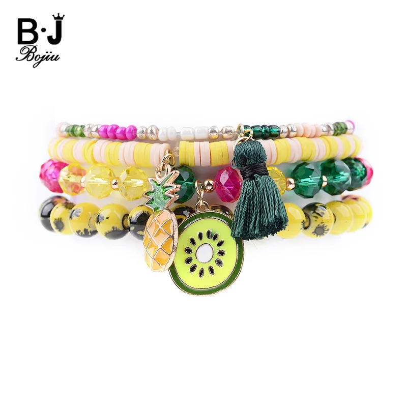 BOJIU 4Pcs/Set Cute Pineapple Tassel Fruit Pendant Charm Bracelets Women Colored Crystal Plastic Natural Stone Bracelet BCSET143