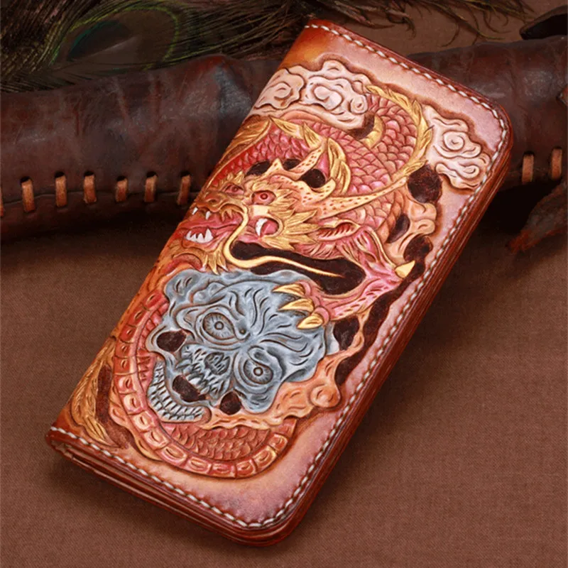 Women Genuine Leather Card Holder Wallets Hand Engraving Chinese Dragon Bag Purses Men Clutch Vegetable Tanned Leather Wallet