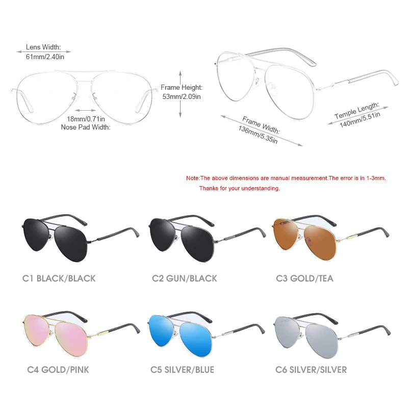 Stylish Pilot Polarized Sunglasses Men Women Fashion Metal Aviator Sun Glasses Male Ultra Light Driving Shades