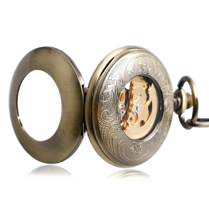 New Retro Bronze Smooth Hollow Case Skeleton Dial Self-wind Mechanical Pocket Watches Vintage Steampunk Fob Watch with Chain