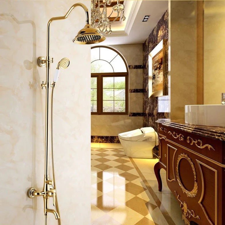 

Bath Shower Sets Luxury Gold Brass Shower Faucet Set Single Handle Single Holder Dual Control Bathtub Mixer Hand Showe