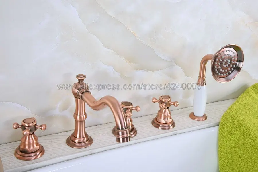 Antique Red Copper 5pcs Roman Bath Tub Sink Faucet with Hand Shower Spray Ktf223