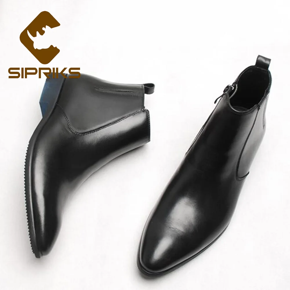 Sipriks Autumn Mens Cowboy Booties Leather Dark Brown Ankle Boots British Gents Suits Zip Shoes Footwear Dress Wedding Boots