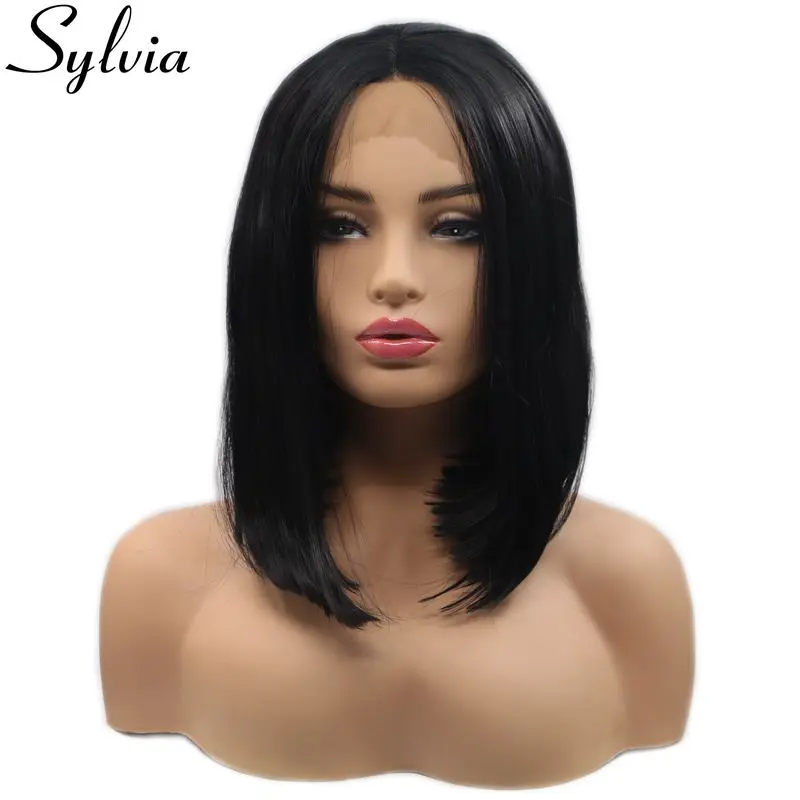 

Sylvia Short Black Bob Wig 1B Straight Hair Synthetic Lace Front Wig For Women Heat Resistant Fiber Natural Hair Wig Middle Part