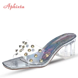 Aphixta Transparent Slippers Women Shoes Square Heels Slippers Woman Colored Dress Shoes Rhinestone Heeled Rivets Slides