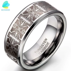BONISKISS 8mm Vintage Gothic Laser Etched Cross Tungsten Engagement Rings For Men High Quality Mens Jewellery anillos hombre